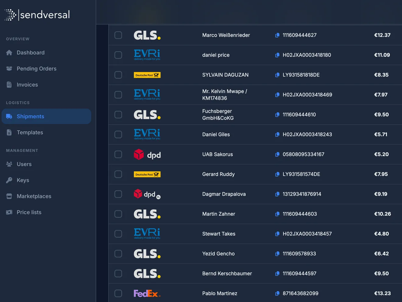 SendVersal dashboard showing shipping calculator and order management interface